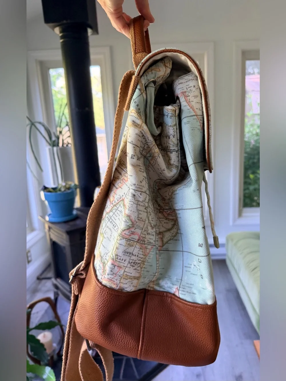 World Map Backpack w Brown Faux Leather Accents and Silver Tone Hardware NEW